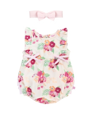 Baby Girls Ruffle Woven Romper and Bow Headband Set