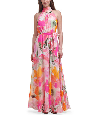Eliza J Floral-Print Chiffon Halter Gown - Macy's