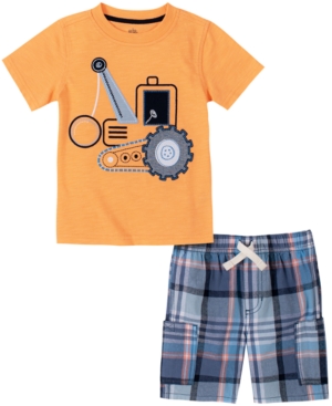 Kids Headquarters Little Boys Short Sleeve Tractor T-Shirt and Plaid Shorts Set of 2