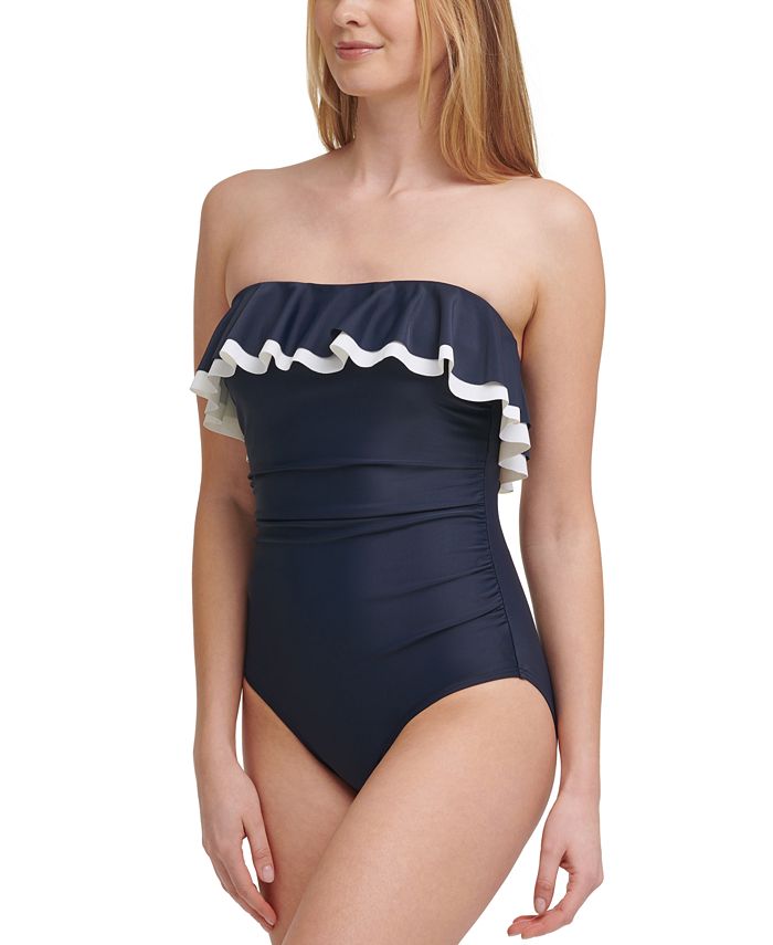 Tommy Hilfiger Solid Ruffle Strapless One-Piece Swimsuit - Macy's