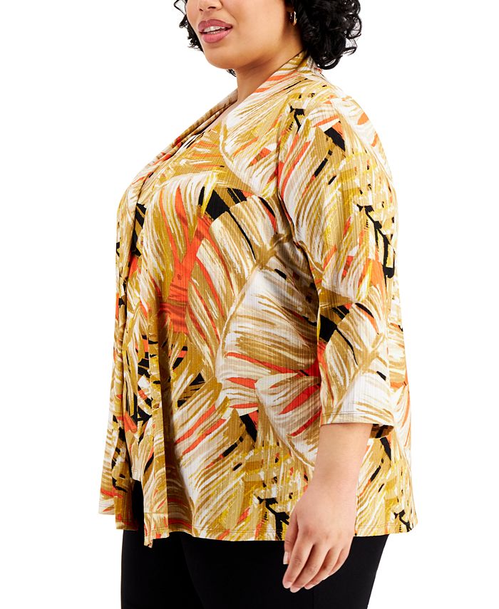 Kasper Plus Size Tropical-Print 3/4-Sleeve Open-Front Cardigan Sweater ...