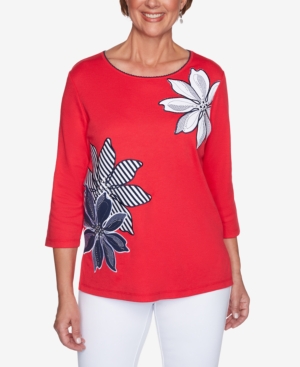 ALFRED DUNNER WOMEN'S MISSY ANCHOR'S AWAY EXPLODED FLORAL APPLIQUE WITH STRIPE DETAIL TOP
