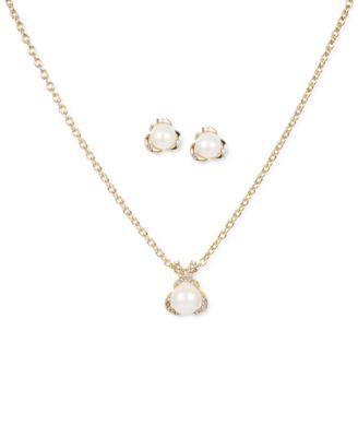 Charter Club - Gold-Tone Pav&eacute; & Imitation Pearl Flower Pendant Necklace & Stud Earrings Set