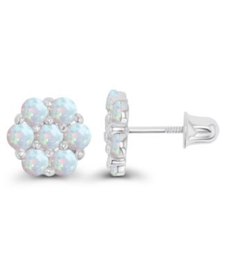 Created White Opal Round Flower Screwback Earrings in Sterling Silver (Also in 14k Gold Over Silver or 14k Rose Gold Over Silver)