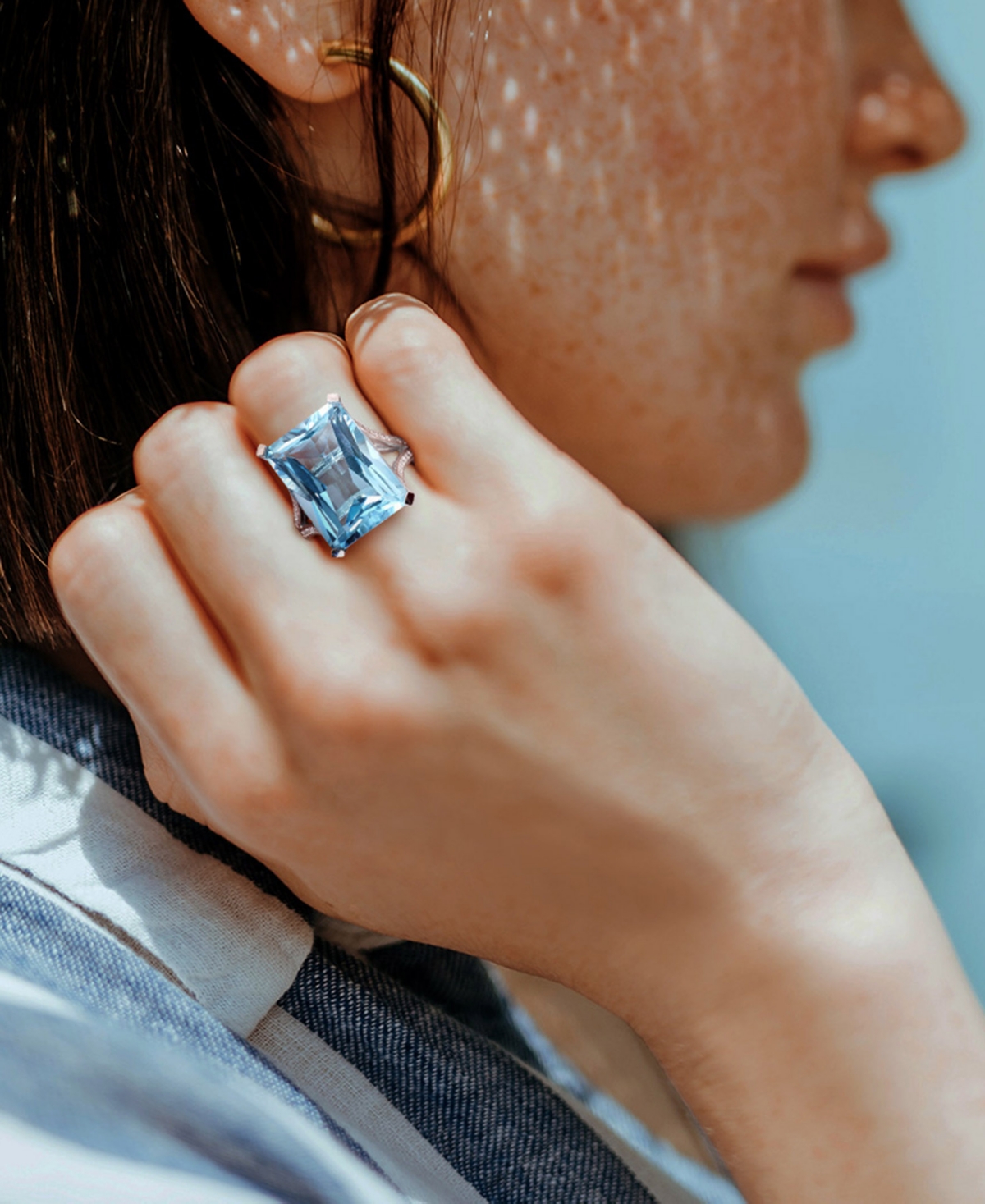 (18 ct. t.w.) and Diamond (1/2 ct. t.w.) Octagon Ring in 14k White Gold - Blue Topaz