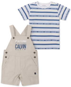 Calvin Klein Kids' Baby Boys 2-pc Striped T-shirt & Shortalls Set In Stone