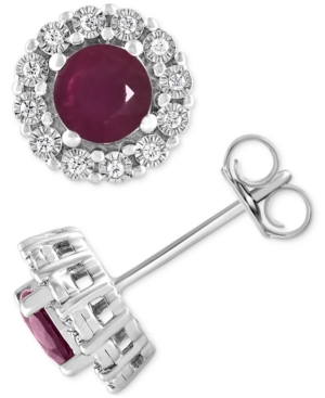 Shop Macy's Ruby (1-3/8 Ct. T.w.) & Diamond (1/10 Ct. T.w.) Halo Stud Earrings In Sterling Silver
