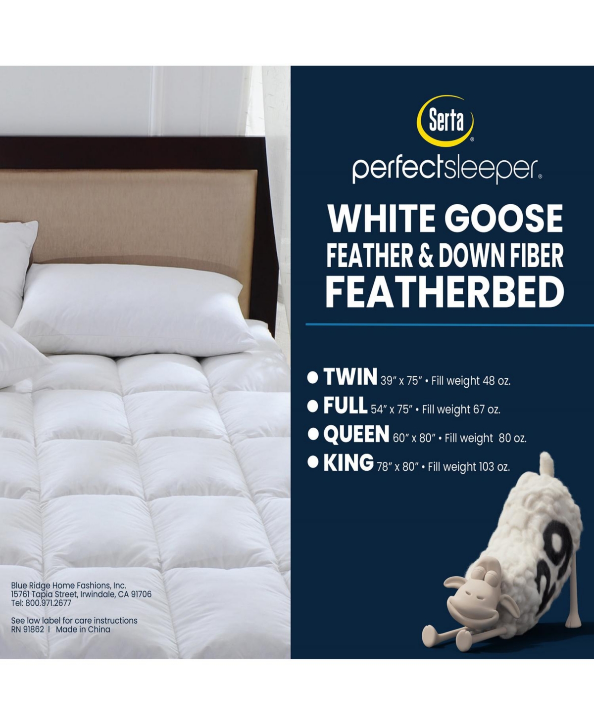 SertaGoose Feather & Down Fiber Featherbed, - White