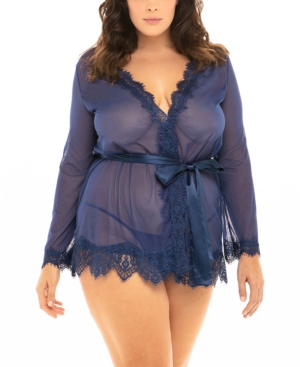 OH LA LA CHERI PLUS SIZE EYELASH LACE ROBE WITH SATIN SASH AND G-STRING