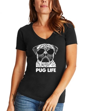 La Pop Art Women's Word Art Pug Life V-neck T-shirt In Black