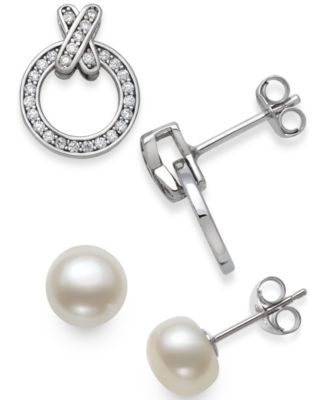 Macy's - 2-Pc. Set Cultured Freshwater Pearl (8mm) & Cubic Zirconia XO Stud Earrings in Sterling Silver