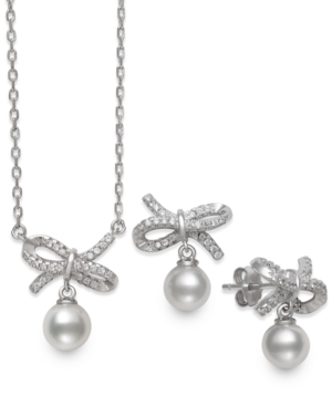 Belle De Mer 2-pc. Set Cultured Freshwater Pearl (6mm) & Cubic Zirconia Ribbon Pendant Necklace & Matching Drop E In Silver