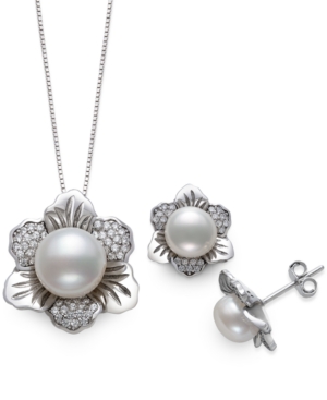 Belle De Mer 2-pc. Set Cultured Freshwater Pearl (7 & 10mm) & Cubic Zirconia Flower Pendant Necklace & Matching S In Silver