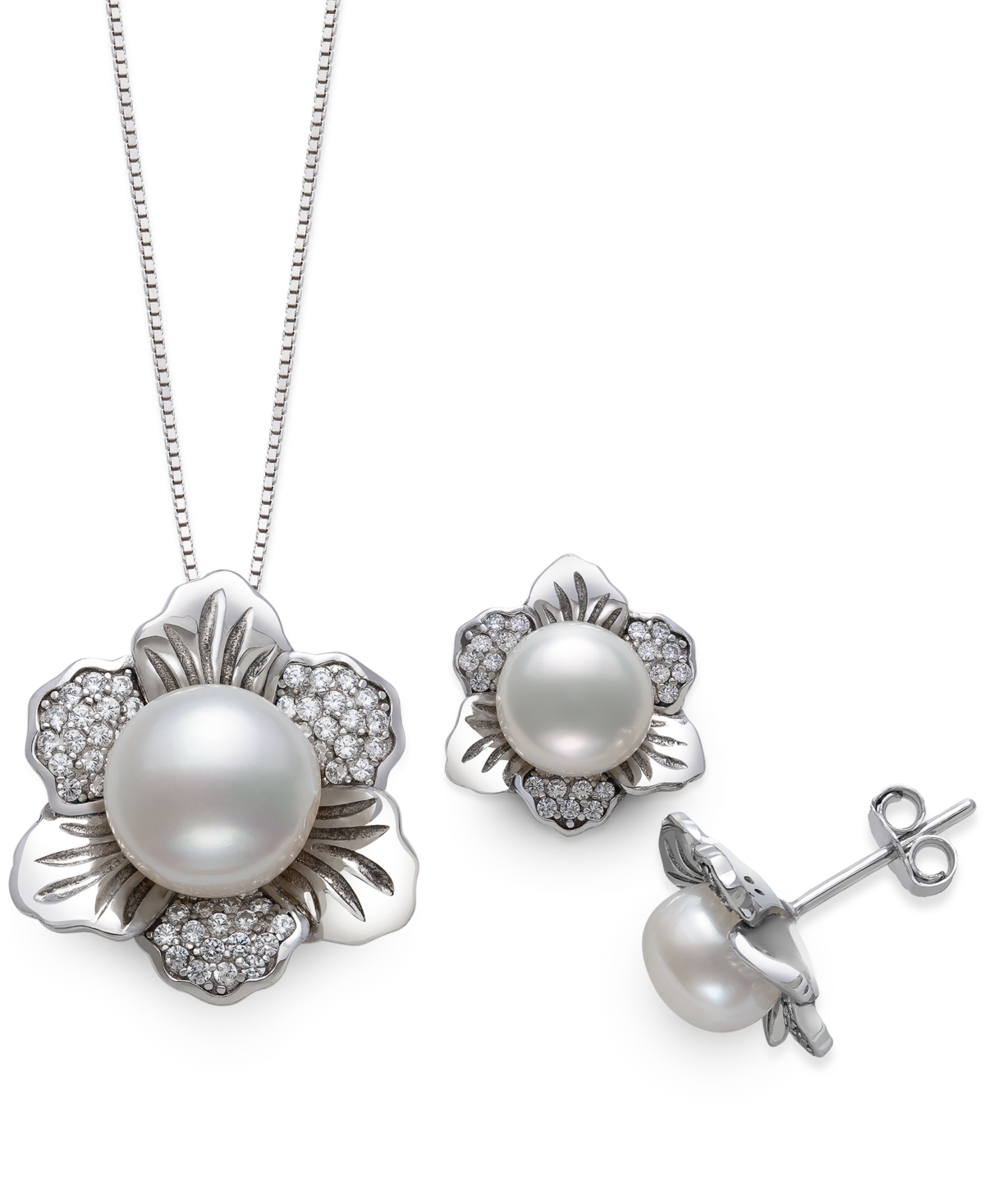 2-Pc. Set Cultured Freshwater Pearl (7 & 10mm) & Cubic Zirconia Flower Pendant Necklace & Matching Stud Earrings in Sterling Silver - Sil