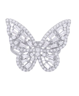 Cubic Zirconia Baguette and Round Stone Butterfly Ring in Silver Plate