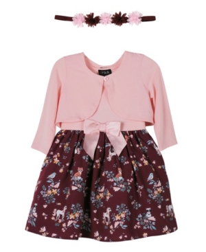 Toddler Girls Solid Cardigan and Printed 3/4 Sleeves Dress with Flower Crown Head Band