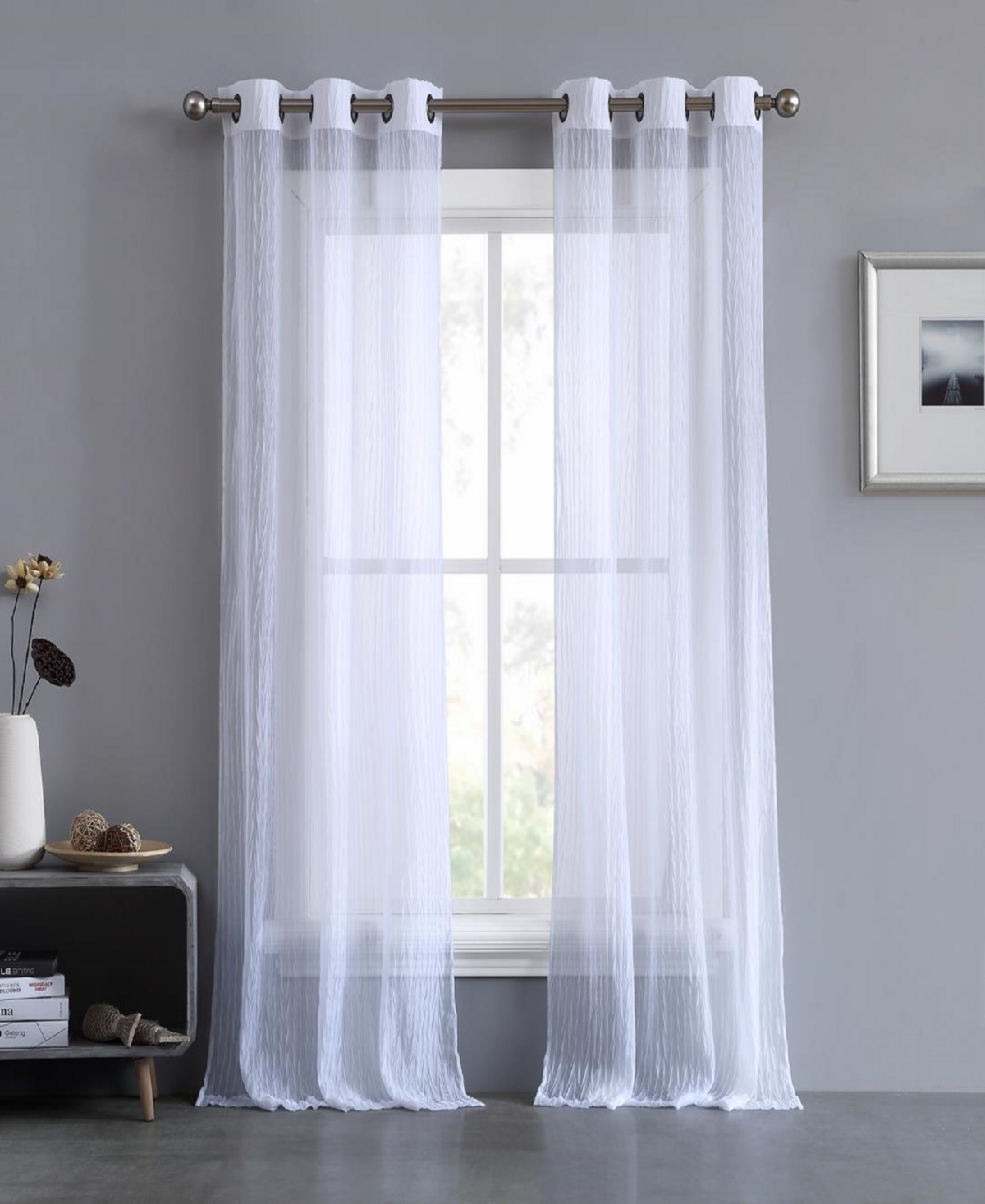 Marnie Crushed Solid Sheer Voile Grommet Window Curtain Panel Set, 38" x 84" - Light Gray
