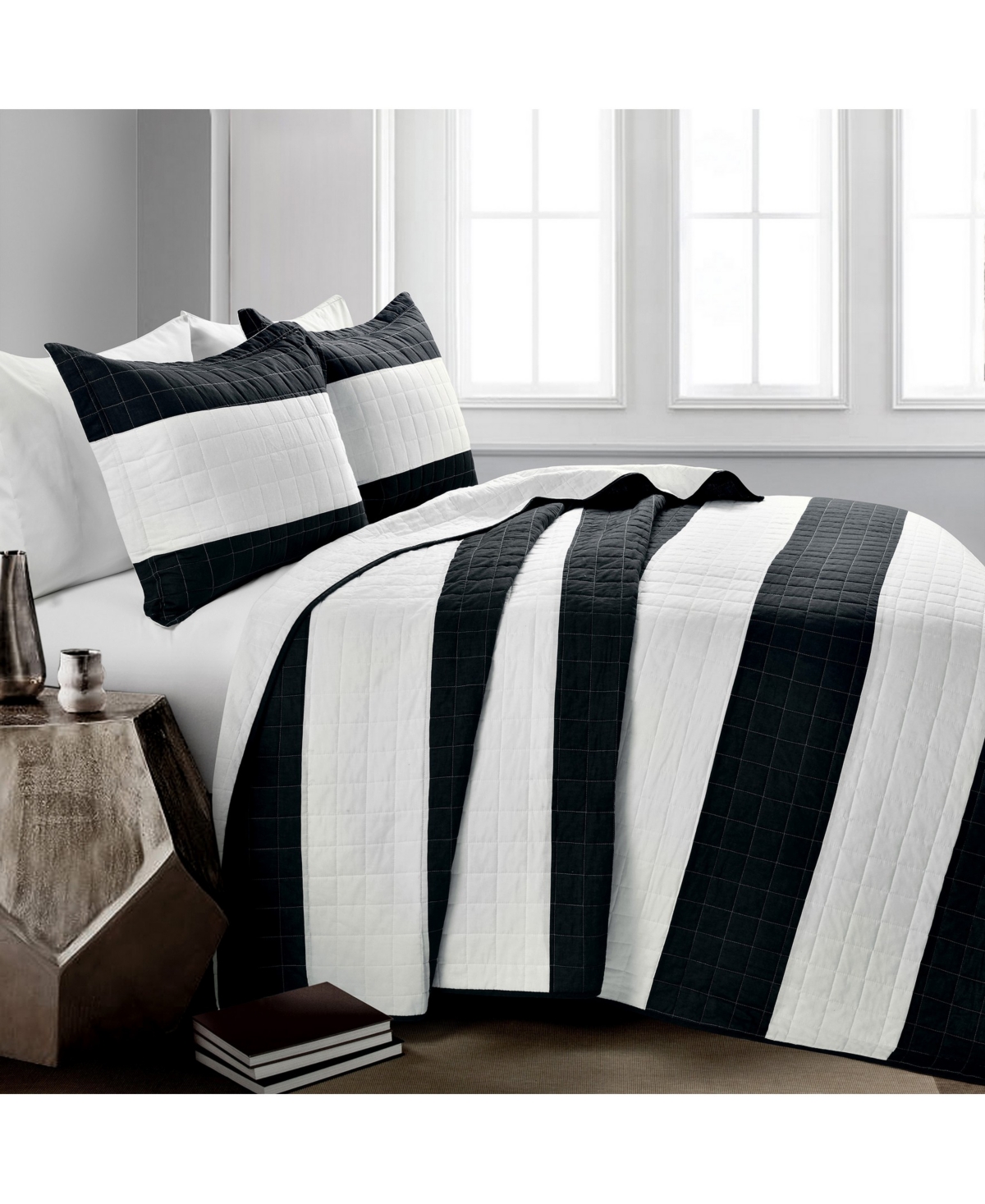 Lush Decor New Berlin Stripe 3 Piece Quilt Set, - White