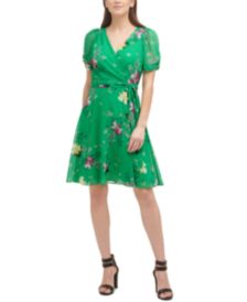 Floral-Print Knot-Sleeve Faux-Wrap Dress