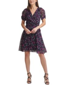 Floral-Print Knot-Sleeve Faux-Wrap Dress