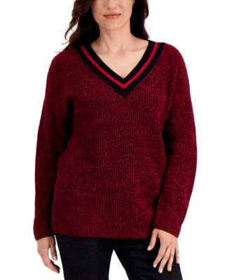 Karen Scott - Contrast Varsity-Striped V-Neck Sweater