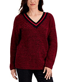 Contrast Varsity-Striped V-Neck Sweater, Created for Macy's