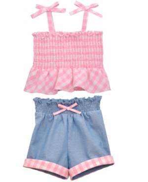 Little Girls Sleeveless Smocked Gingham Top and Chambray Shorts