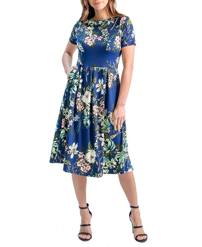 24seven Comfort Apparel Women's Short Sleeve Floral Pocket Midi Dress ...