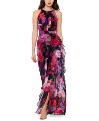 Betsy & Adam Petite Side-Ruffle Halter Gown - Macy's