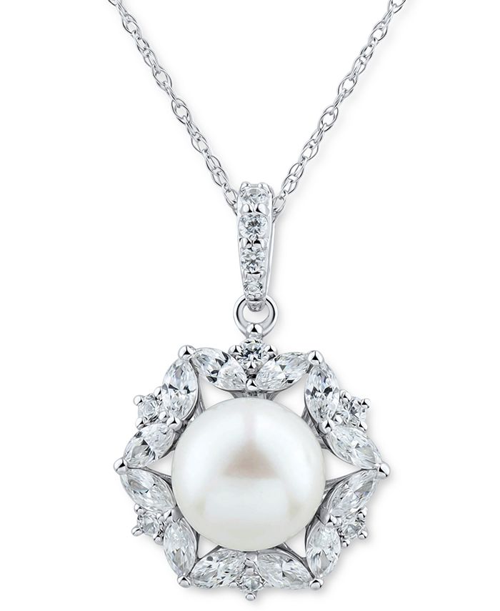Arabella Cultured Freshwater Pearl 9mm Cubic Zirconia Halo 18