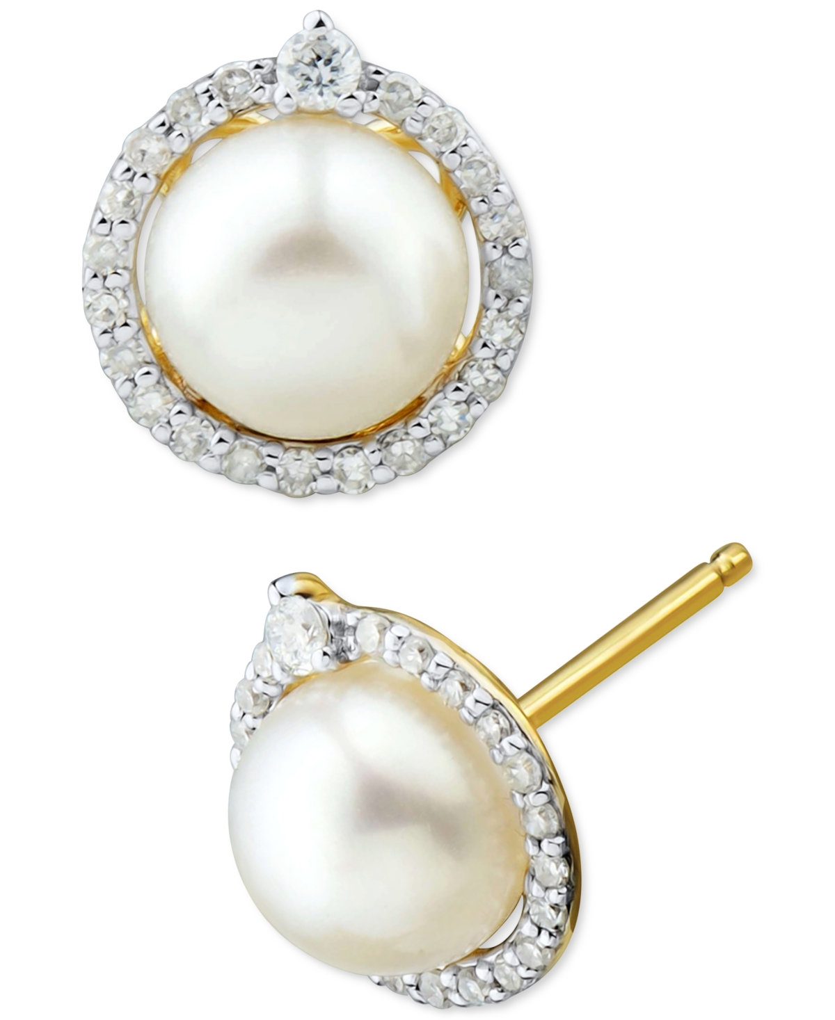 Cultured Freshwater Pearl (6mm) & Diamond (1/6 ct. t.w.) Halo Stud Earrings in 14k White Gold - Gold