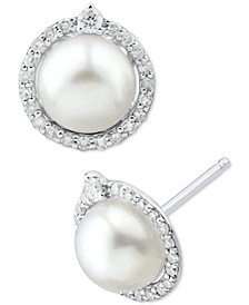 Cultured Freshwater Pearl (6mm) & Diamond (1/6 ct. t.w.) Halo Stud Earrings in 14k White Gold