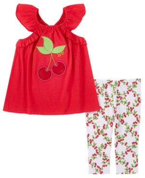 Kids Headquarters Little Girls Flutter Sleeve Tunic and Cherry Capri Leggings 2-piece Set
