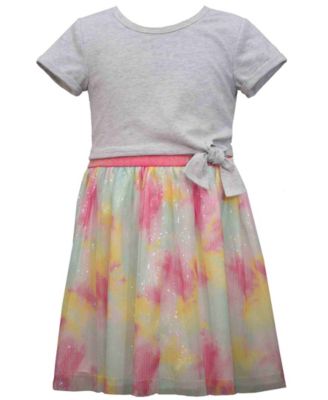 Little Girls Short Sleeve Knit Tie Front Top with Rainbow Sequin Skirt, 2 Piece