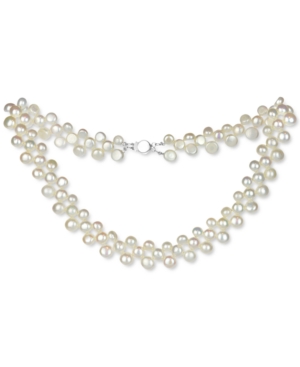 Macy's Cultured Freshwater Pearl (7-8mm) Triple Row Flower Clasp 17" Collar Necklace In White