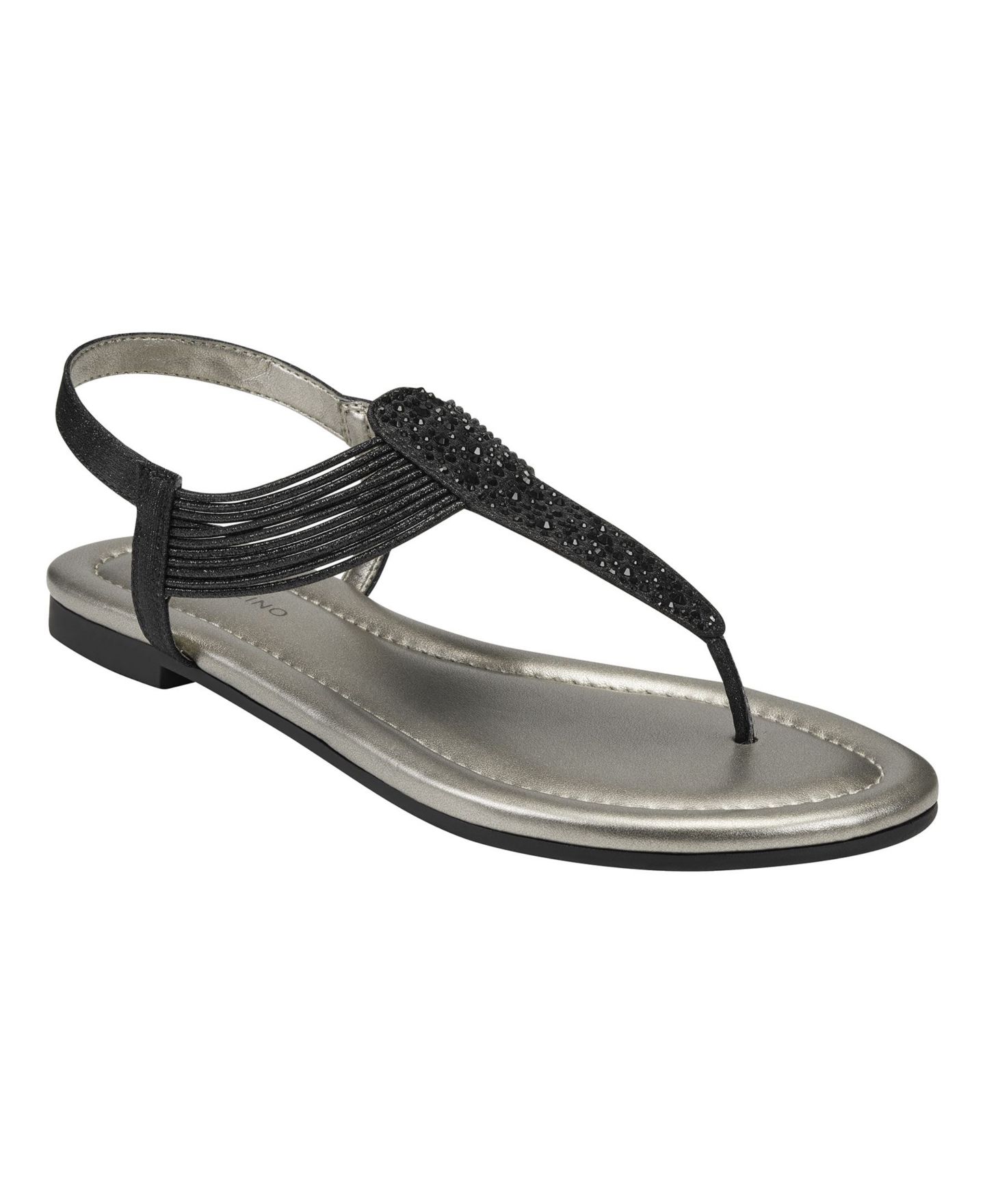 Женские сандалии Bandolino Kayte Embellished T-Strap Flat, цвет: Чёрный металлик — фото 1