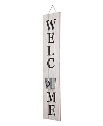 Glitzhome - 42"H Wooden White WELCOME Porch Sign with Metal Planter