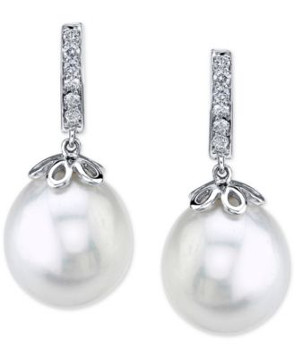 Cultured Freshwater Pearl (10mm) & Diamond (1/10 ct. t.w.) Drop Earrings in 14k White Gold