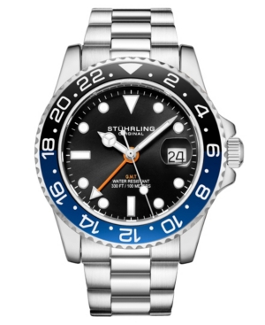 Stuhrling Men's Quartz Diver Silver-tone Link Bracelet Watch 42mm In Black