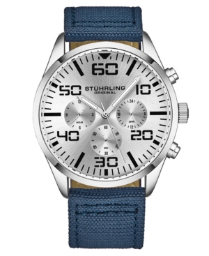 Stuhrling Men's Chrono Dark Blue Canvas With Light Blue Contrast Stitching Strap Watch 42mm In White