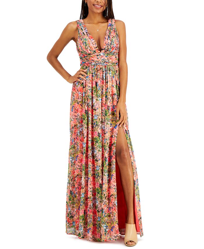 Aidan by Aidan Mattox Floral Print Pleated V Neck Gown Macy s