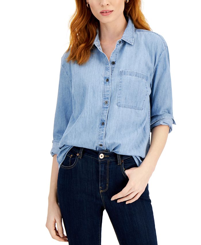 Style & Co Button-Down Chambray Boyfriend Shirt, Created for Macy's ...