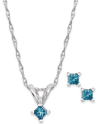 Macy's - 10k White Gold Blue Diamond Pendant Necklace and Stud Earrings Set (1/10 ct. t.w.)