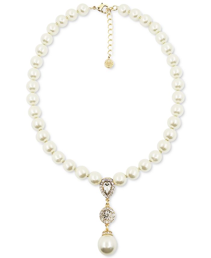 Charter Club Gold-Tone Crystal Halo & Imitation Pearl Lariat Necklace ...