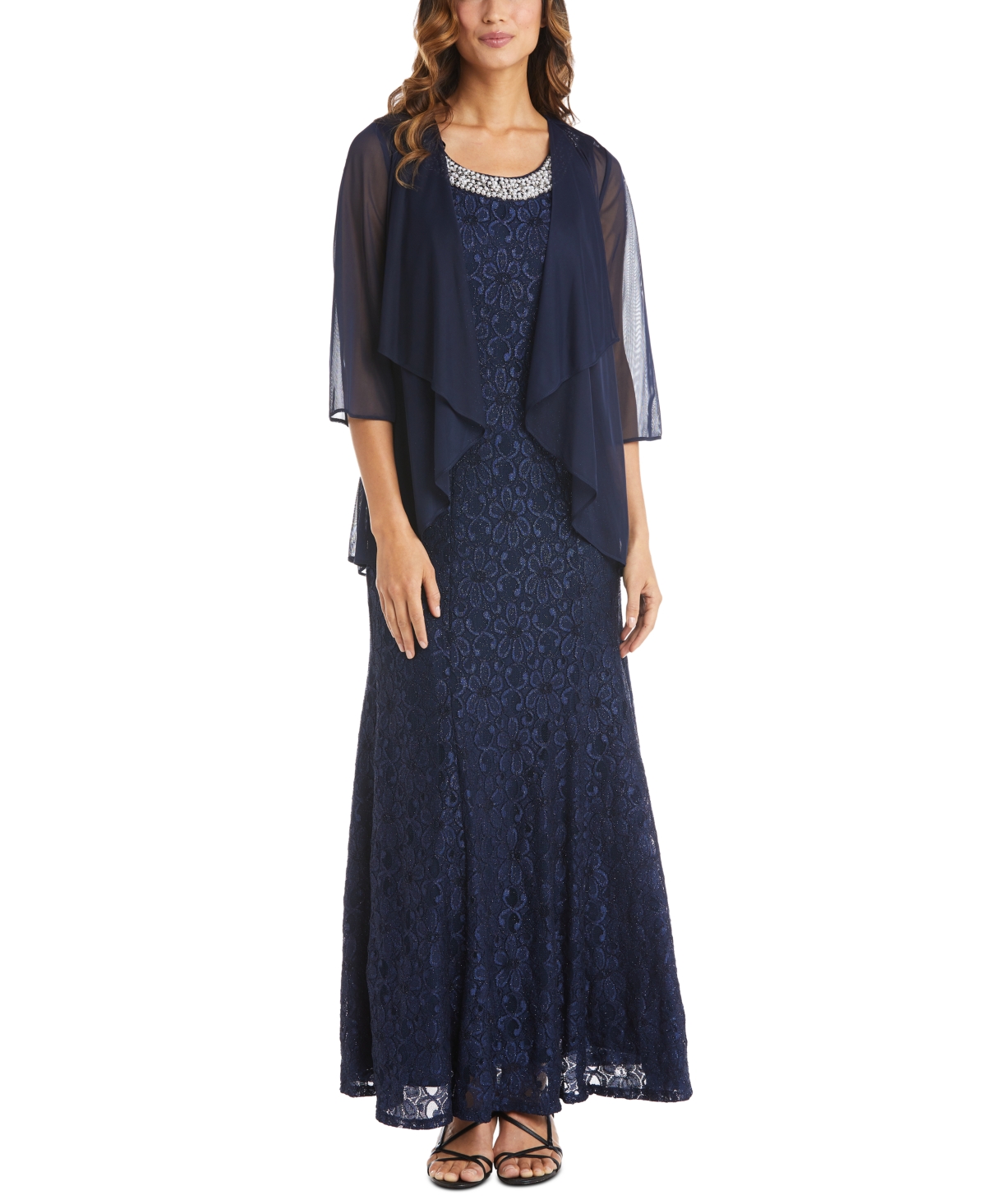 Shop R & M Richards Women's Beaded Dress & Flyaway Jacket In Navy Blue