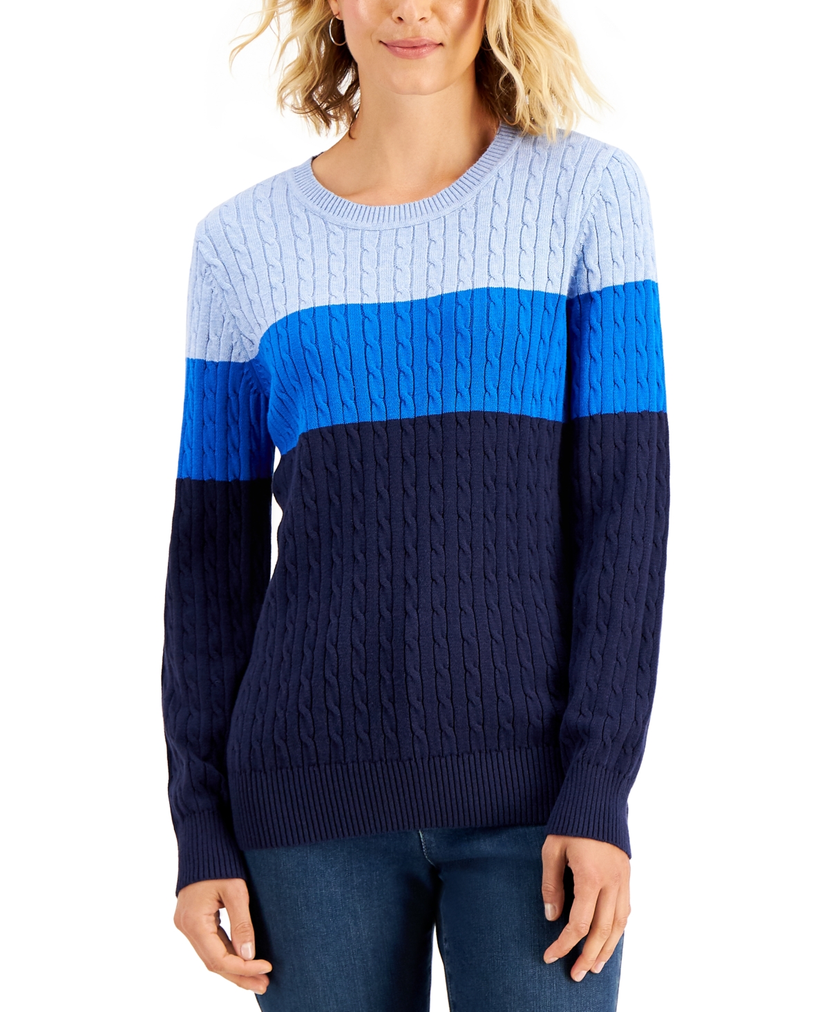 Karen Scott Petite Elena Cotton Colorblocked Cable-knit Sweater, Created For Macy's In Heather Indigo Combo