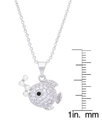 Simulated Pearl Cubic Zirconia Fish Pendant 18" Necklace in Silver Plate