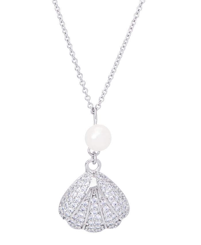 Macy's - Genuine Freshwater Pearl Cubic Zirconia Seashell Pendant 18" Necklace in Silver Plate