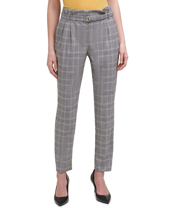 Calvin Klein Plaid Paper-Bag Waist Belted Pants - Macy's
