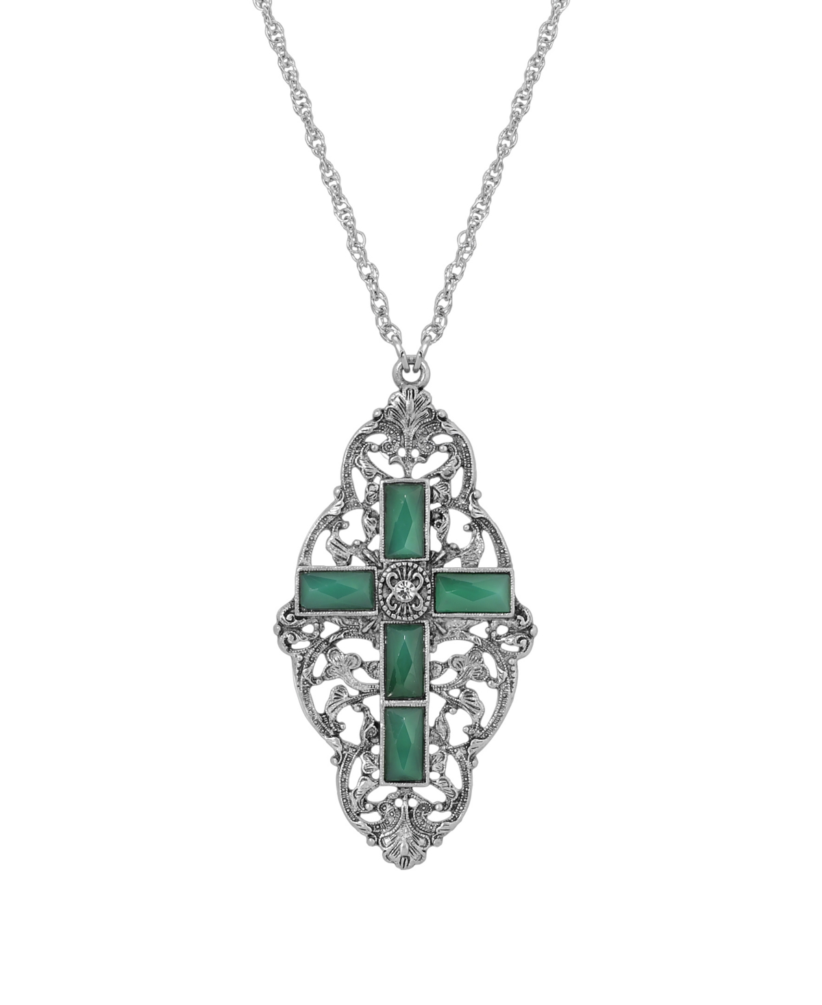 Pewter Green Stone Cross Necklace - Green